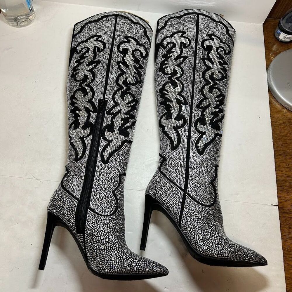 INC Womens 7.5 M Pewter Iresa Rhinestone High Heeled Over The Knee Boots NIB OW9 - Picture 3 of 7